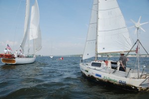 Schooner Woodwing greeting Matt Rutherford while sailing into Annapolis