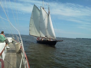 Schooner "Adventure" sailing towards Schooner Woodwind II in Annapolis Schooner "Adventure" sailing towards Schooner Woodwind II in Annapolis