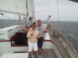 Maureen and Jim sailing on a private cruise on the Schooner Woodwind Maureen and Jim sailing on a private cruise on the Schooner Woodwind