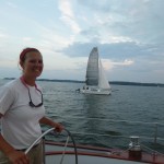 Sailing Woodwind Alongside a Trimaran at the Mouth of the Severn River