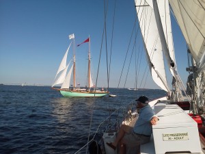 two-schooners-meet Schooner Woodwind and Martha White meet in Annapolis
