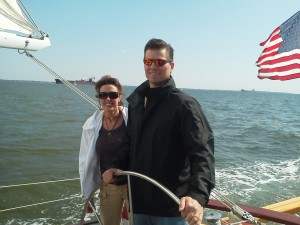 Reed and Ginny steering the Schooner Woodwind Reed and Ginny steering the Schooner Woodwind