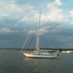 Golden glow of the sun as we sailed out of the Severn River.