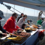 Going through the buffet line on the Schooner Woodwind II for Mother's Day Brunch.